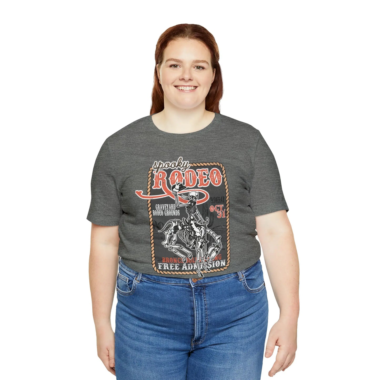Vintage Halloween Rodeo Poster T shirt Western Spooky Skeleton Short Sleeve Tee Printify