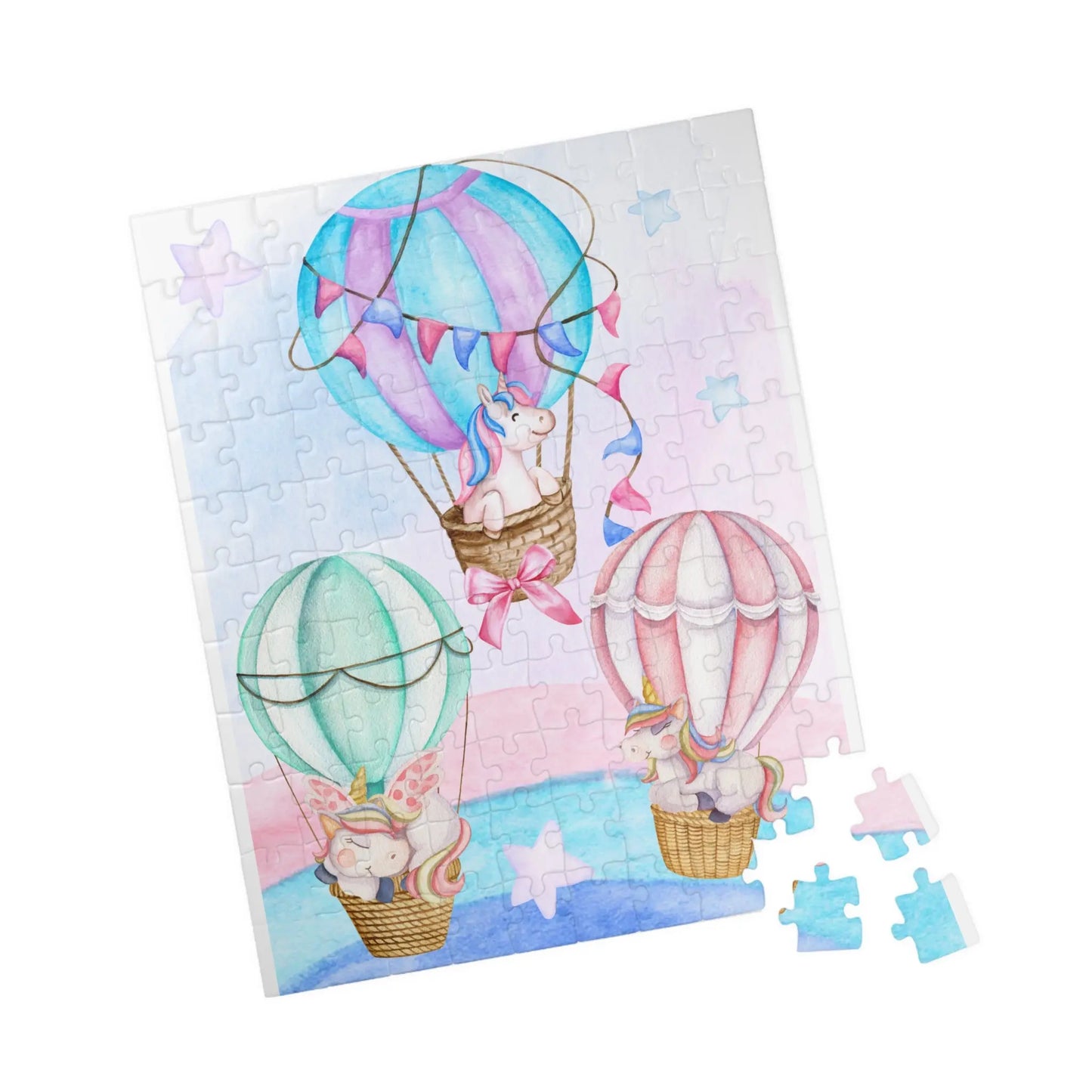 Watercolor Unicorn Hot Air Balloons jigsaw Puzzle 110 piece - papercraneco