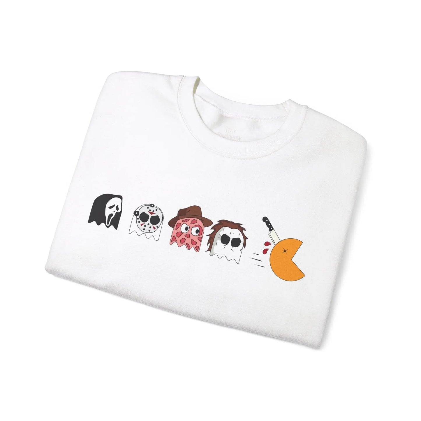 Retro Pac-Man Meets Halloween Horror Sweatshirt Halloween Horror movie characters Ghost Face, Jason Vorhees, Freddy Krueger, Michael Myers Scream, Friday the 13th, Nightmare on Elm Street, Halloween 2024 Printify
