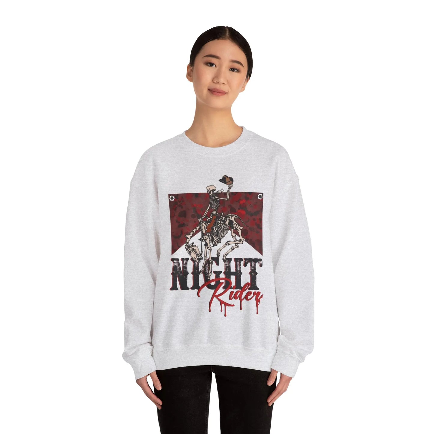 Vintage Halloween Night Rider Sweatshirt Skeleton Cowboy Western Desert Halloween 2024 Printify