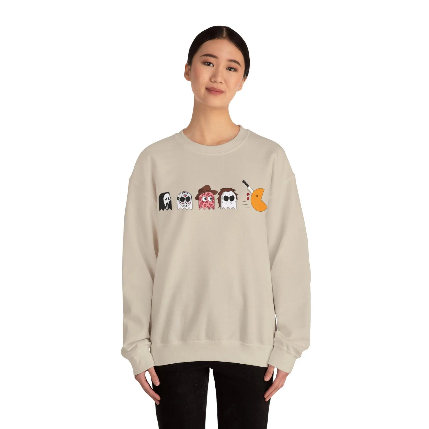 Retro Pac-Man Meets Halloween Horror Sweatshirt Halloween Horror movie characters Ghost Face, Jason Vorhees, Freddy Krueger, Michael Myers Scream, Friday the 13th, Nightmare on Elm Street, Halloween 2024 Printify