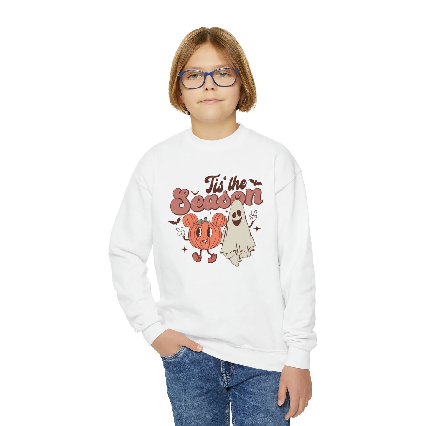 Retro 'Tis the Season' Kids Sweatshirt - Cute Halloween 2023 Pumpkin and Ghost Printify