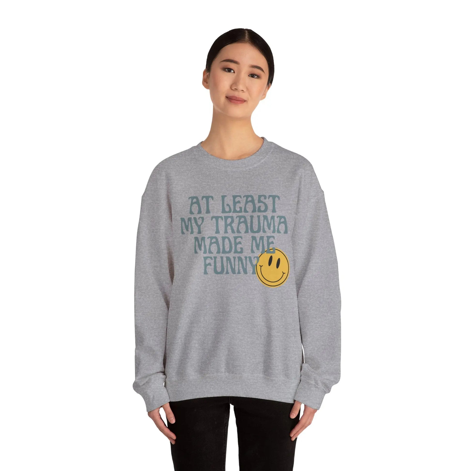 Retro Boho Sarcastic Sweatshirt 'At Least My Trauma Made Me Funny Printify