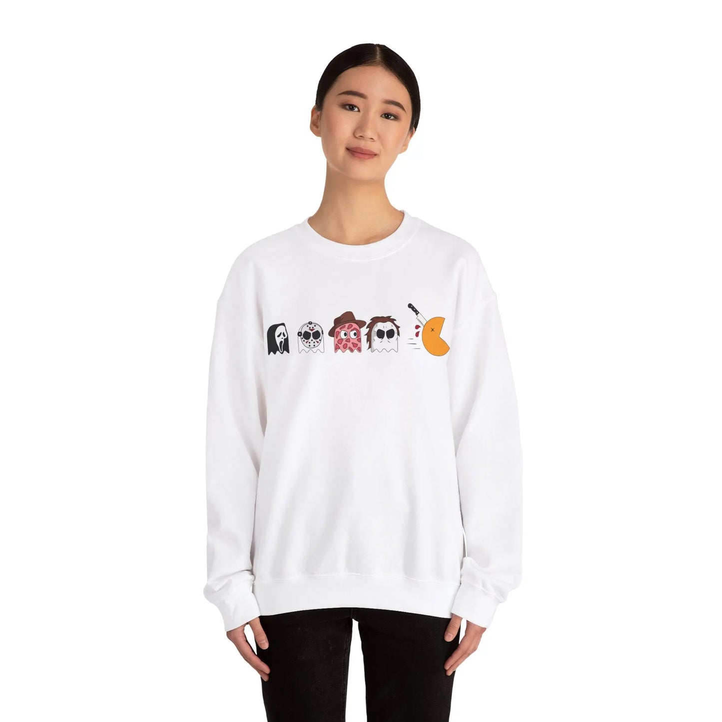 Retro Pac-Man Meets Halloween Horror Sweatshirt Halloween Horror movie characters Ghost Face, Jason Vorhees, Freddy Krueger, Michael Myers Scream, Friday the 13th, Nightmare on Elm Street, Halloween 2024 Printify