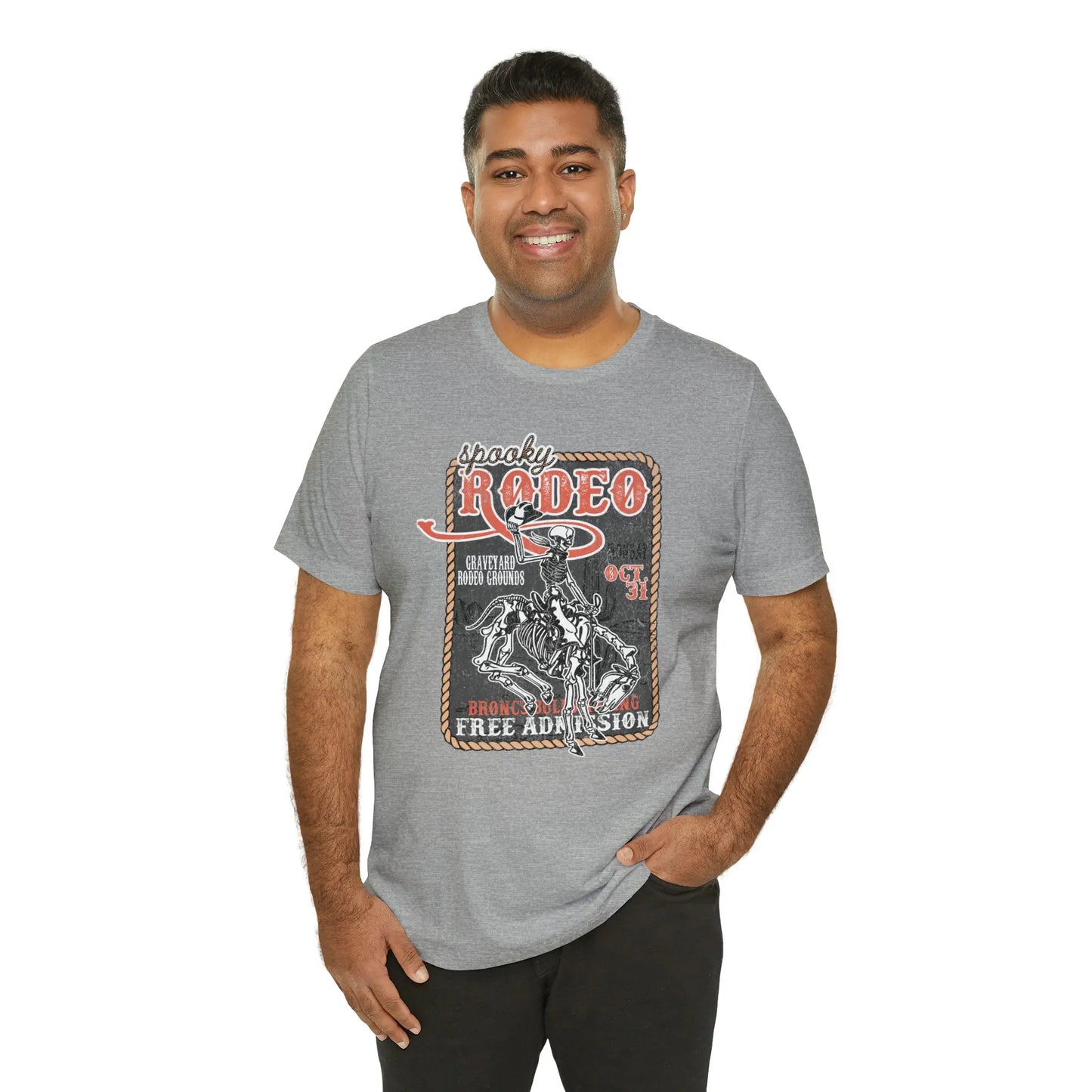 Vintage Halloween Rodeo Poster T shirt Western Spooky Skeleton Short Sleeve Tee Printify