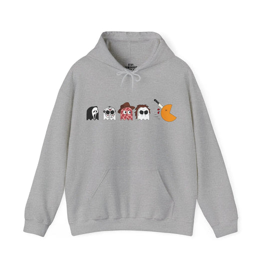 Pac-Man Halloween Horror - Spooky Hooded Sweatshirt Horror Movie Characters Scream, Jason, Freddy, and Michael Halloween Hoodie