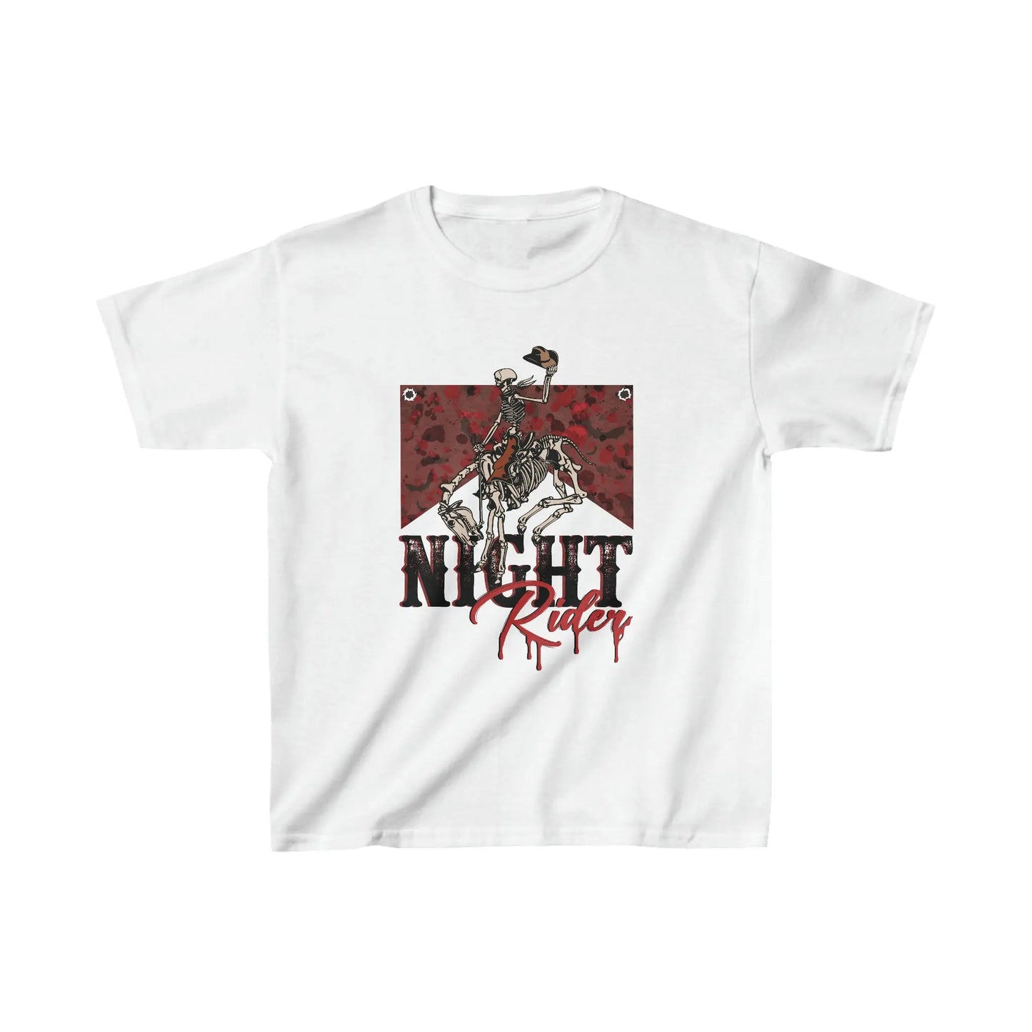 Kids Vintage Halloween Night Rider T-Shirt - Spooky Skeleton Cowboy Printify