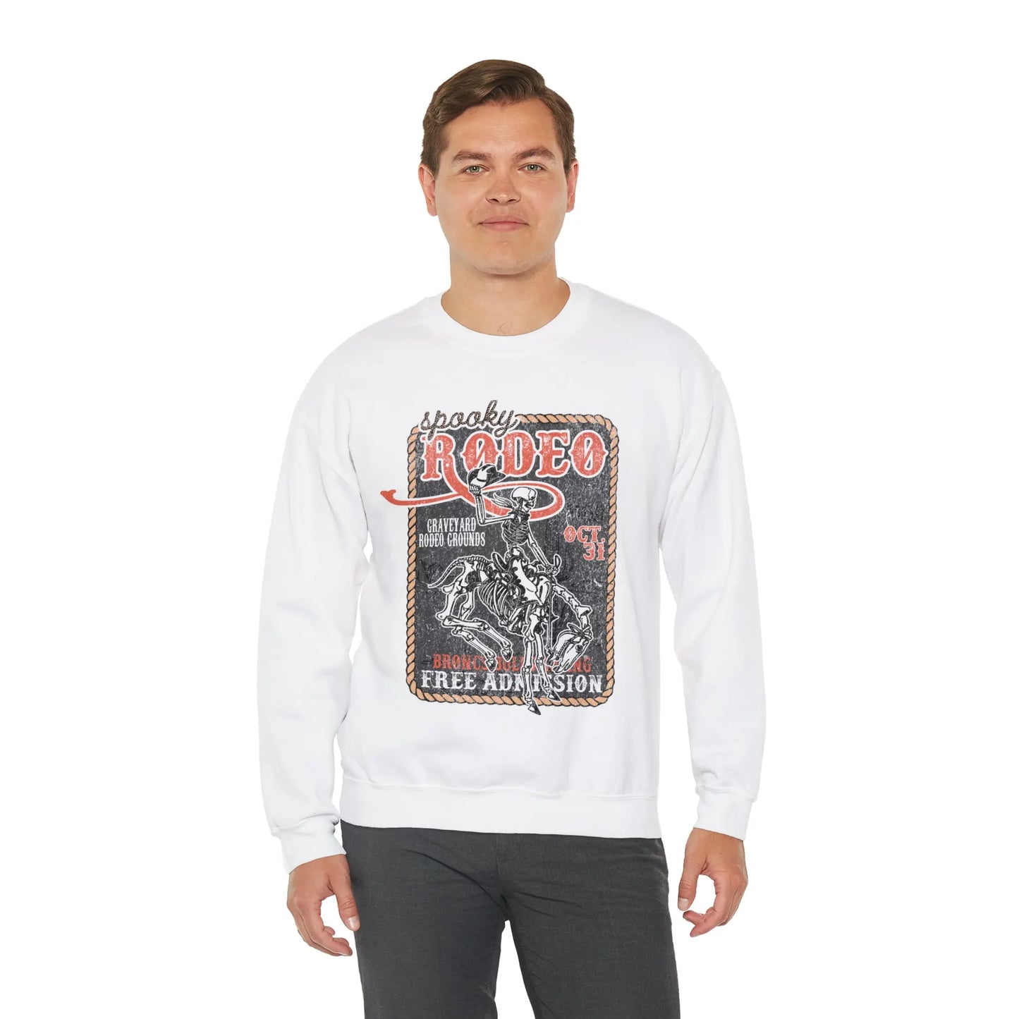 Vintage Halloween Rodeo Skeleton Cowboy Poster Sweatshirt - Western Spooky Skeleton Printify