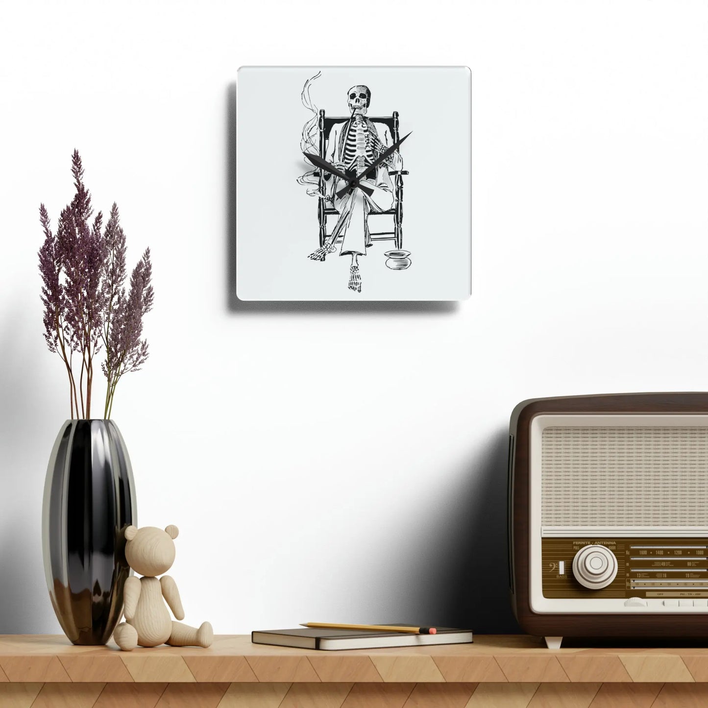 Smoking Skeleton in a Rocking Chair Wall Clock - papercraneco