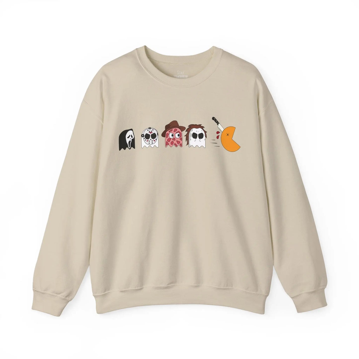 Retro Pac-Man Meets Halloween Horror Sweatshirt Halloween Horror movie characters Ghost Face, Jason Vorhees, Freddy Krueger, Michael Myers Scream, Friday the 13th, Nightmare on Elm Street, Halloween 2024 Printify