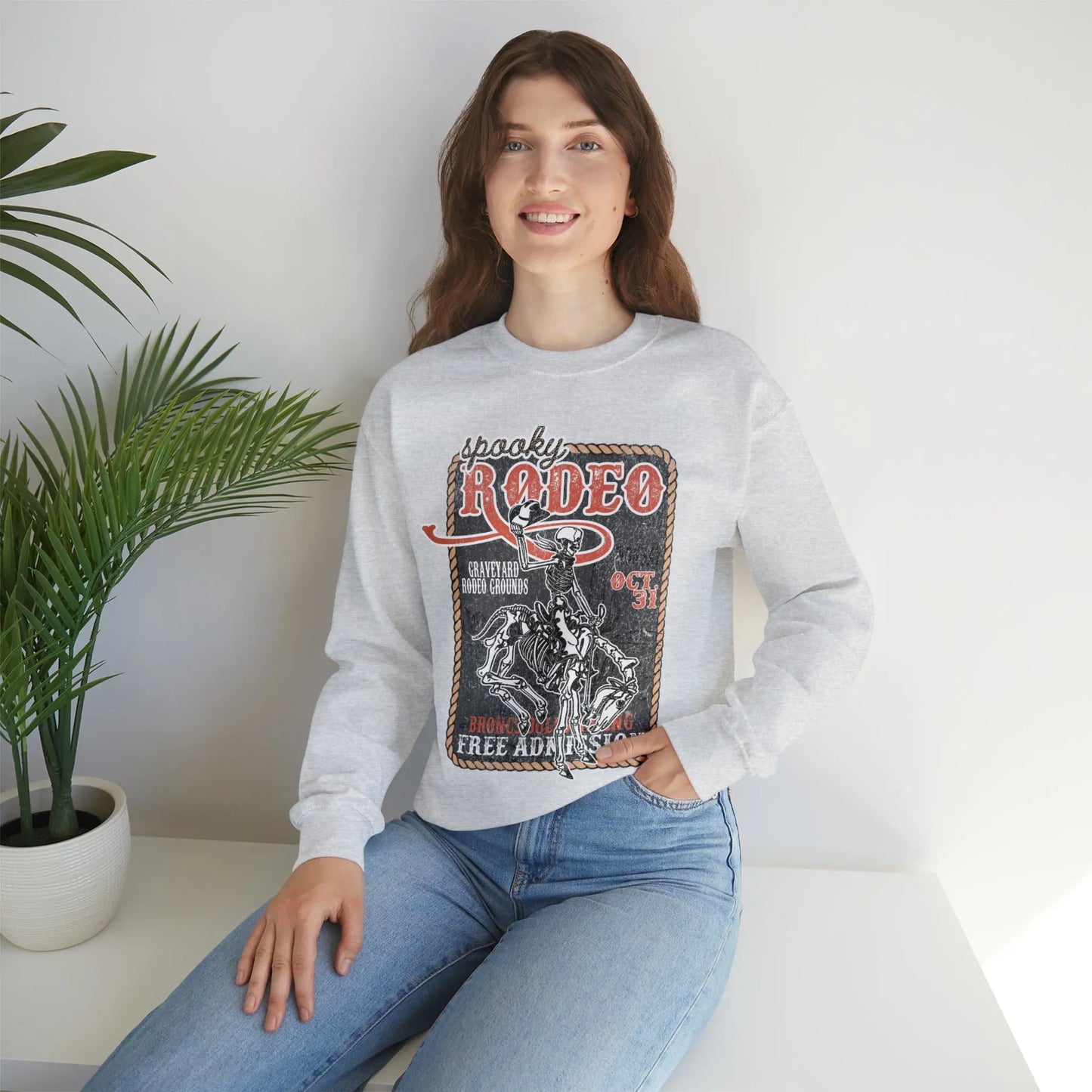 Vintage Halloween Rodeo Skeleton Cowboy Poster Sweatshirt - Western Spooky Skeleton Printify