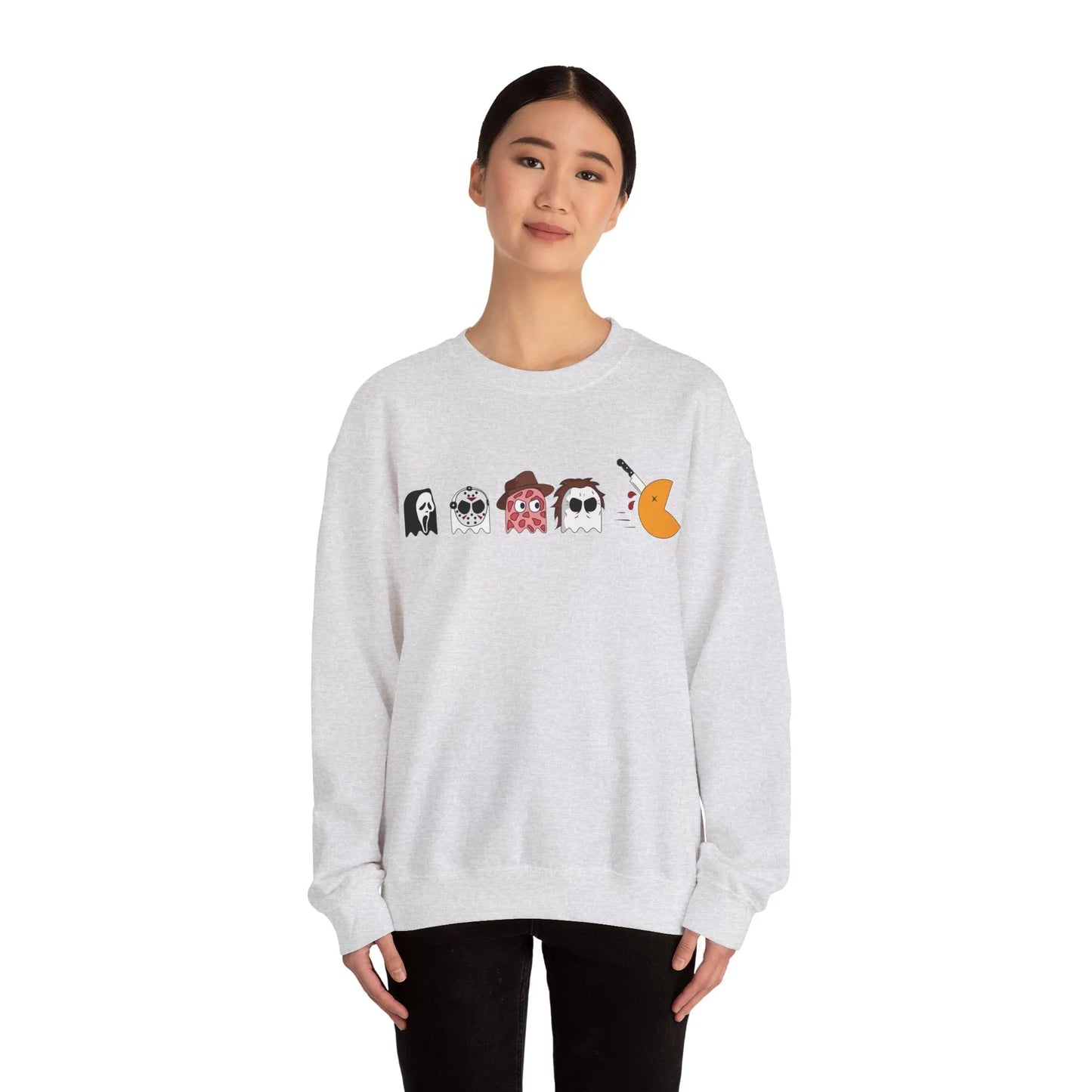 Retro Pac-Man Meets Halloween Horror Sweatshirt Halloween Horror movie characters Ghost Face, Jason Vorhees, Freddy Krueger, Michael Myers Scream, Friday the 13th, Nightmare on Elm Street, Halloween 2024 Printify