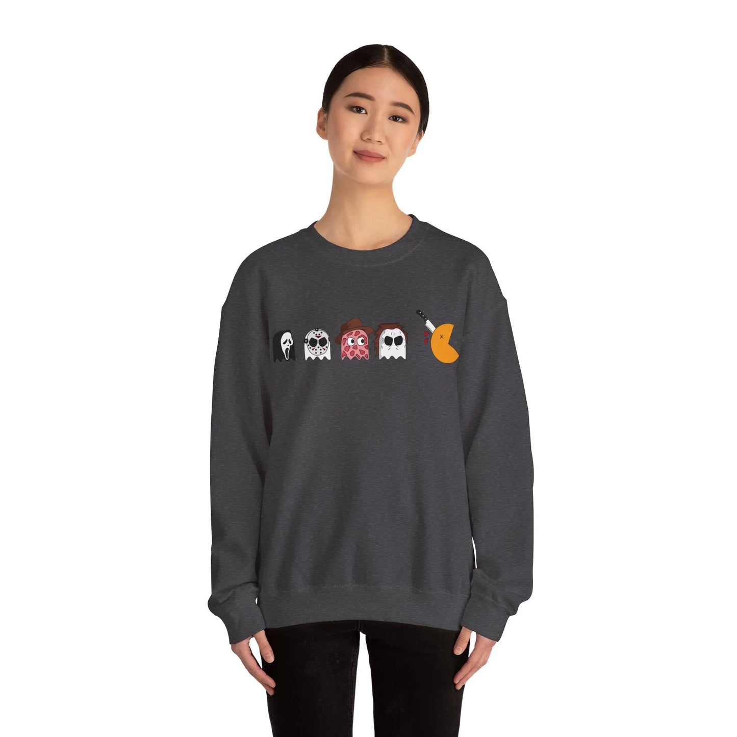 Retro Pac-Man Meets Halloween Horror Sweatshirt Halloween Horror movie characters Ghost Face, Jason Vorhees, Freddy Krueger, Michael Myers Scream, Friday the 13th, Nightmare on Elm Street, Halloween 2024 Printify