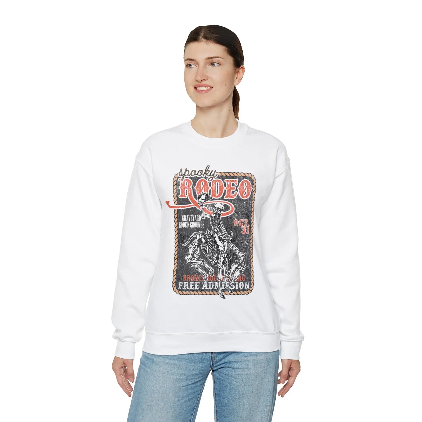 Vintage Halloween Rodeo Skeleton Cowboy Poster Sweatshirt - Western Spooky Skeleton Printify