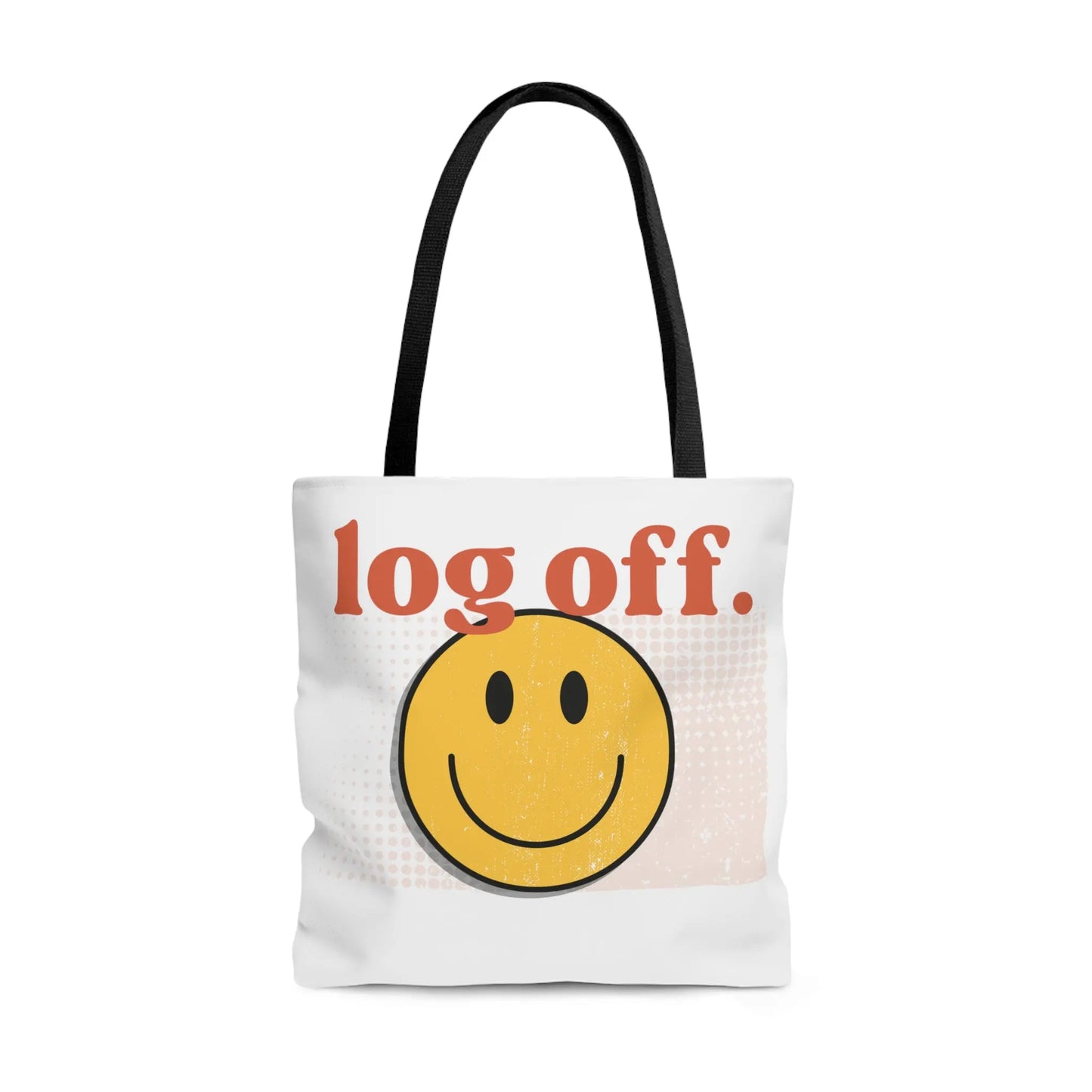 Stay Present with Retro 'Log Off' Smiley Face Bag - papercraneco