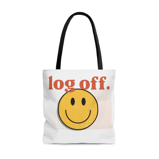 Stay Present with Retro 'Log Off' Smiley Face Bag - papercraneco