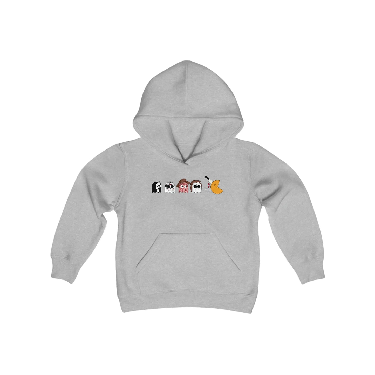 Pac-Man Meets Halloween Horror - Spooky Kids Hooded Sweatshirt with Scream, Jason, Freddy, and Michael Hoodie - papercraneco