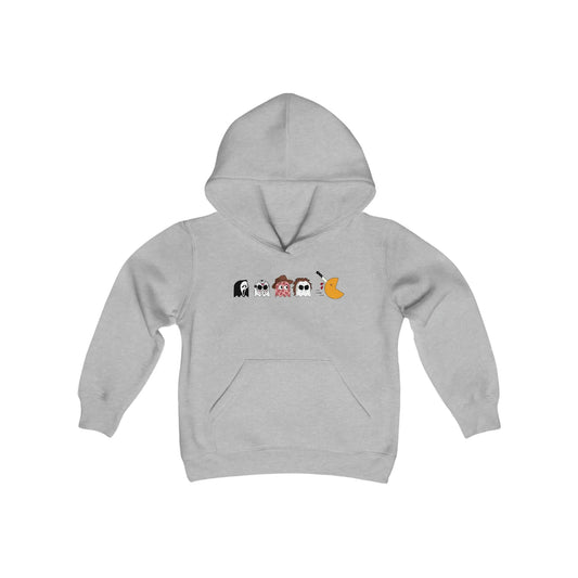 Pac-Man Meets Halloween Horror - Spooky Kids Hooded Sweatshirt with Scream, Jason, Freddy, and Michael Hoodie - papercraneco