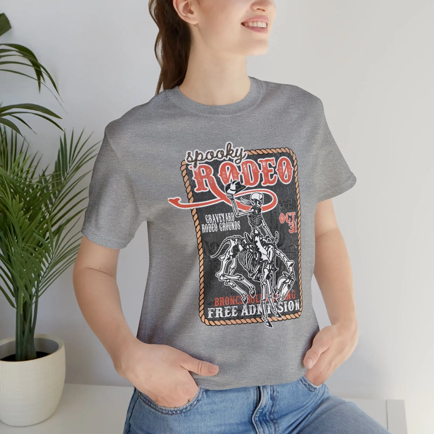 Vintage Halloween Rodeo Poster T shirt Western Spooky Skeleton Short Sleeve Tee Printify