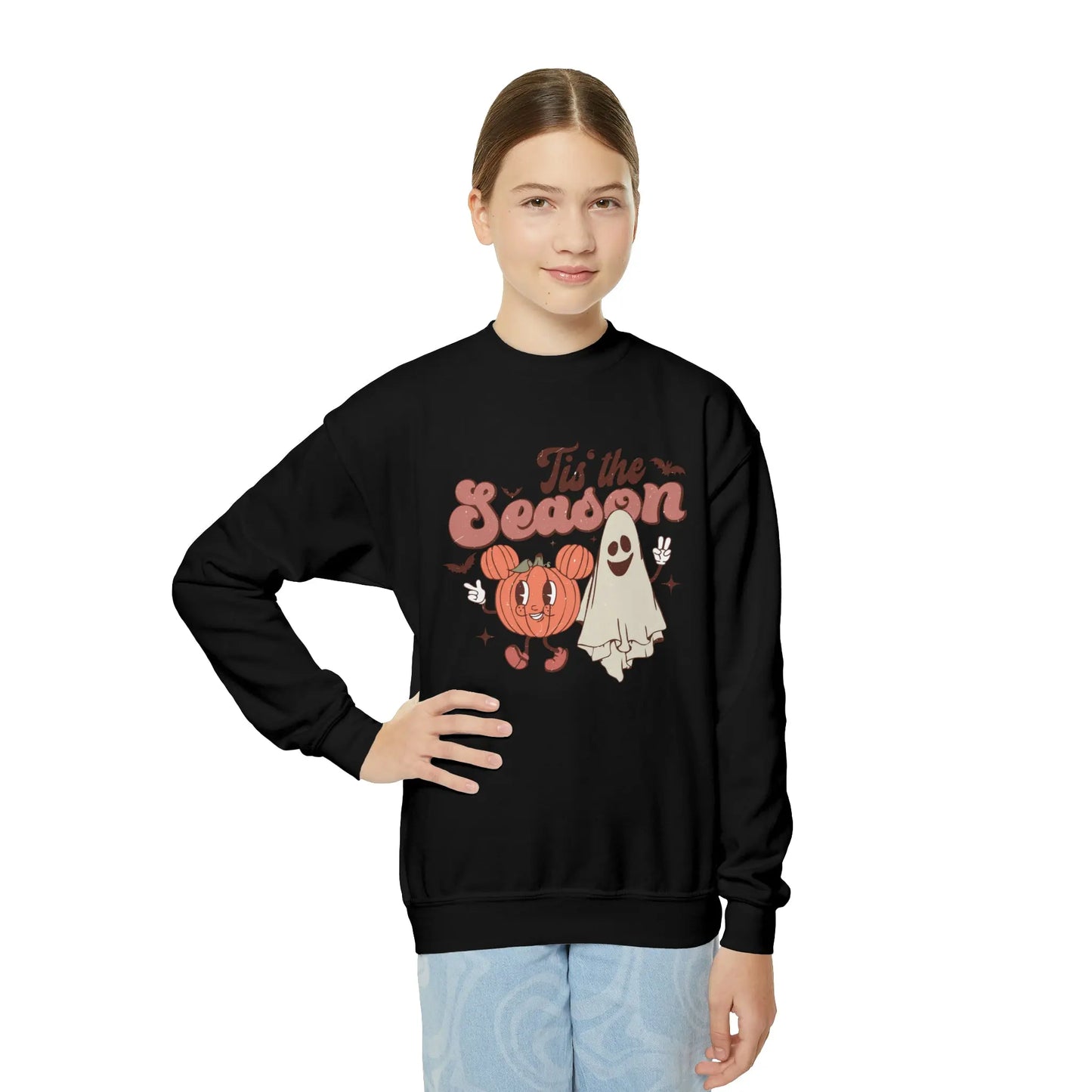 Retro 'Tis the Season' Kids Sweatshirt - Cute Halloween 2023 Pumpkin and Ghost Printify