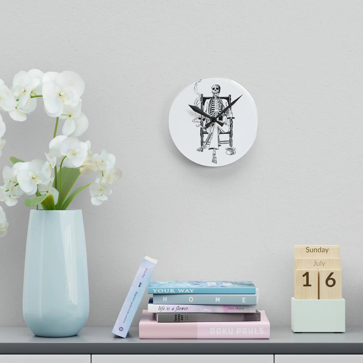 Smoking Skeleton in a Rocking Chair Wall Clock - papercraneco
