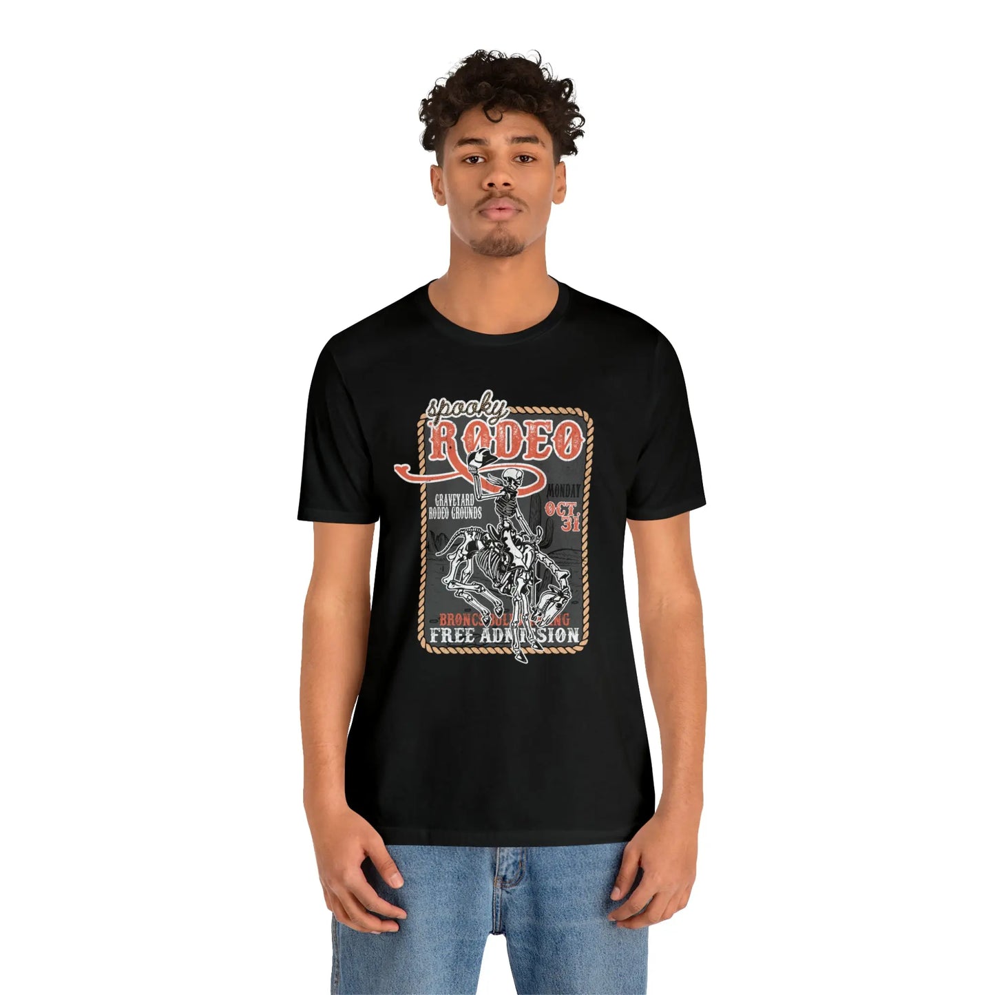 Vintage Halloween Rodeo Poster T shirt Western Spooky Skeleton Short Sleeve Tee Printify