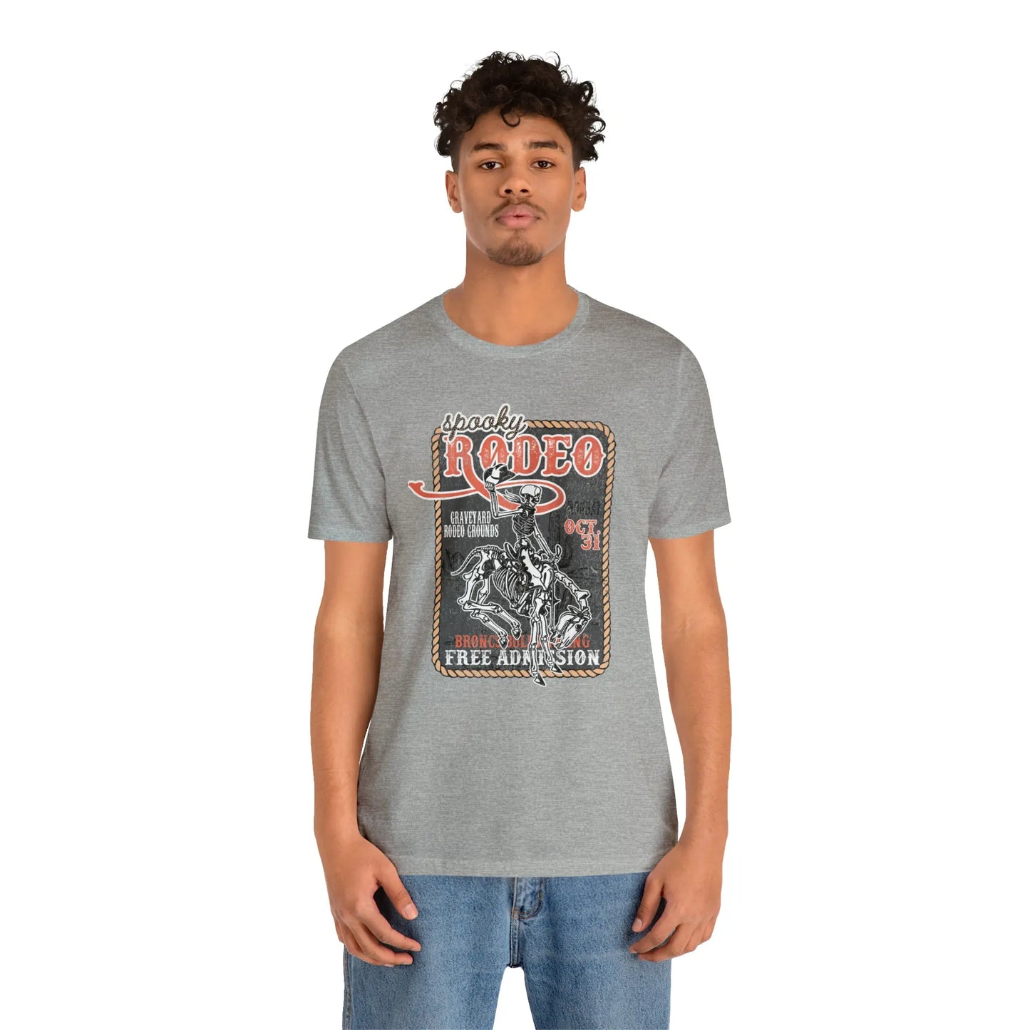 Vintage Halloween Rodeo Poster T shirt Western Spooky Skeleton Short Sleeve Tee Printify