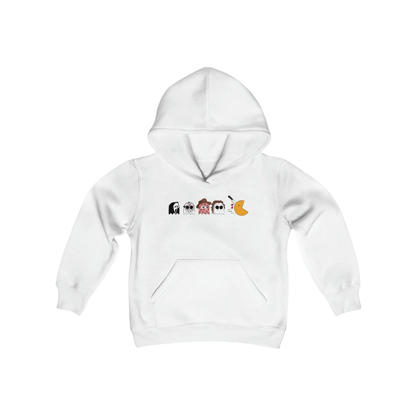 Pac-Man Meets Halloween Horror - Spooky Kids Hooded Sweatshirt with Scream, Jason, Freddy, and Michael Hoodie - papercraneco