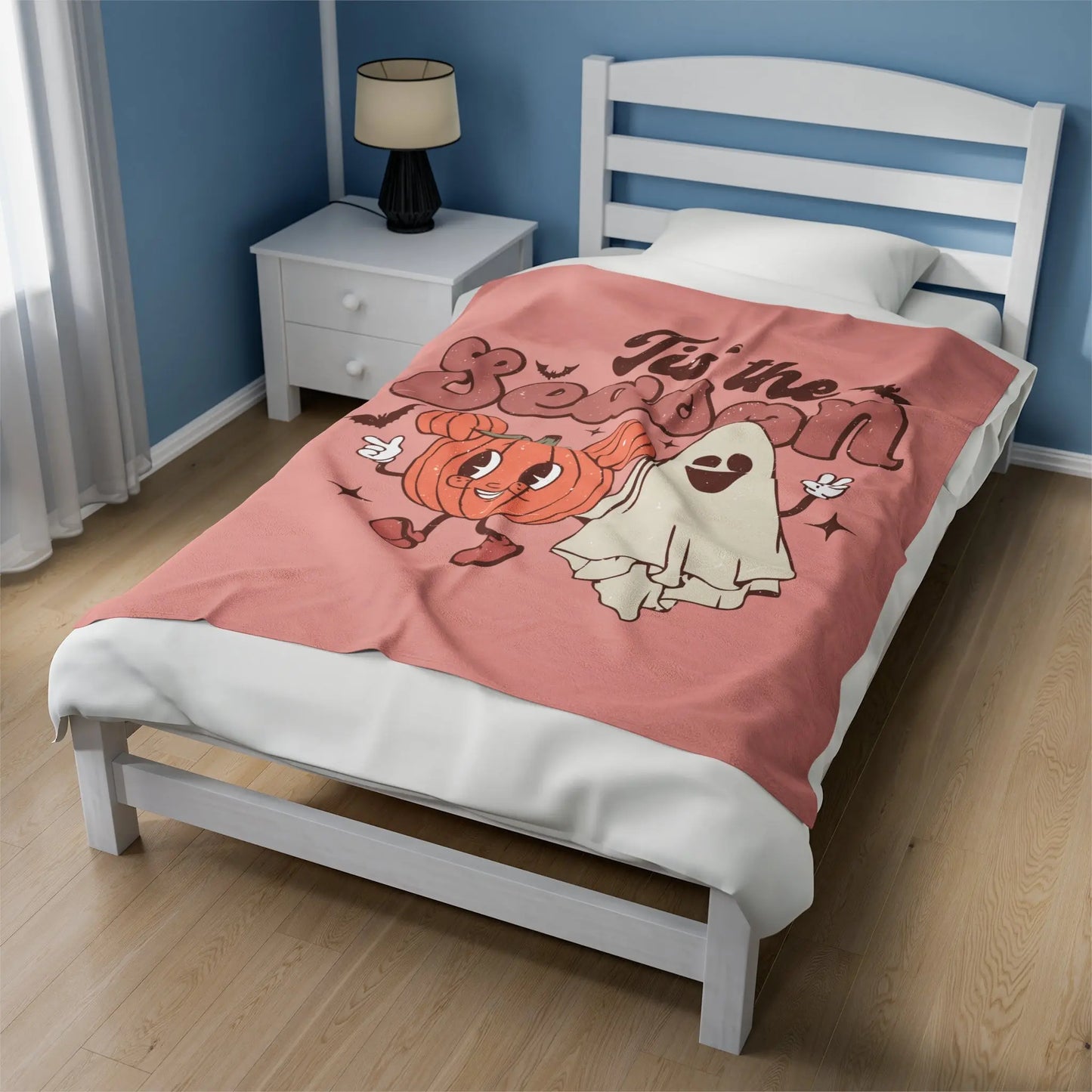 Cute Retro 'Tis the Season' Halloween Pumpkin Ghost Throw Blanket Printify
