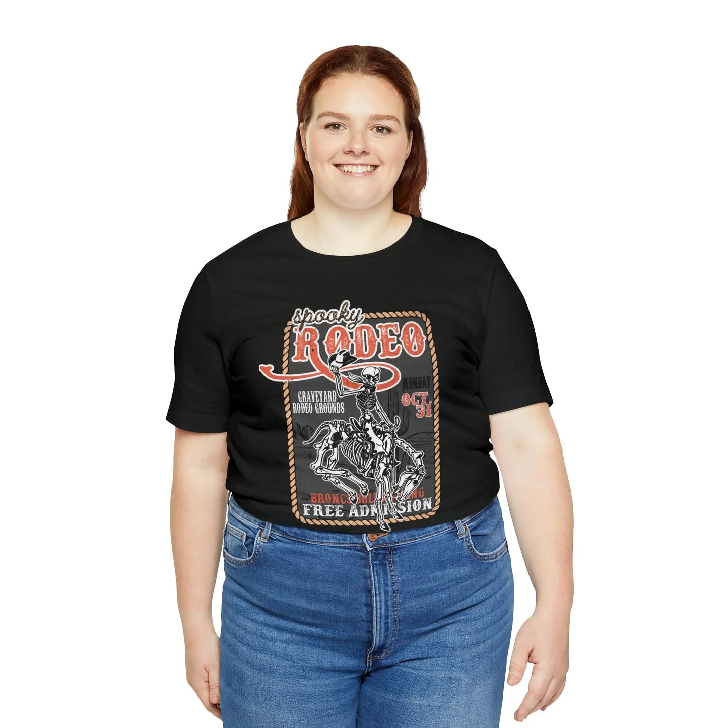Vintage Halloween Rodeo Poster T shirt Western Spooky Skeleton Short Sleeve Tee Printify