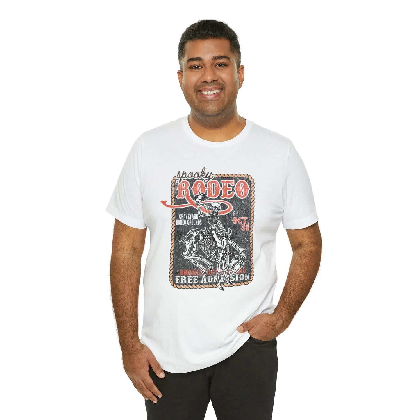 Vintage Halloween Rodeo Poster T shirt Western Spooky Skeleton Short Sleeve Tee Printify