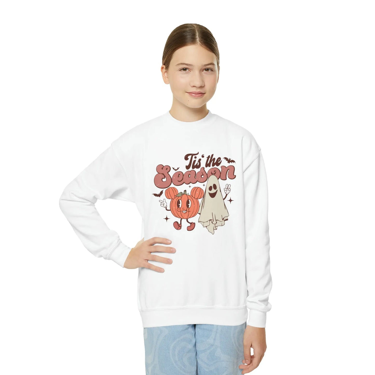 Retro 'Tis the Season' Kids Sweatshirt - Cute Halloween 2023 Pumpkin and Ghost Printify