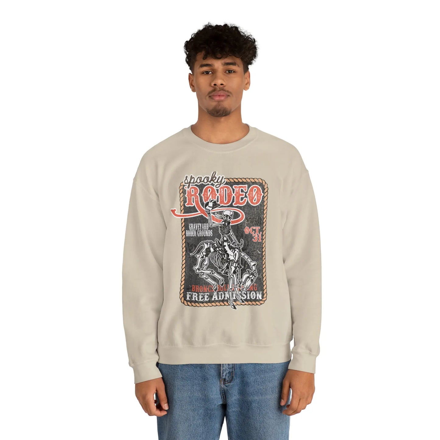 Vintage Halloween Rodeo Skeleton Cowboy Poster Sweatshirt - Western Spooky Skeleton Printify