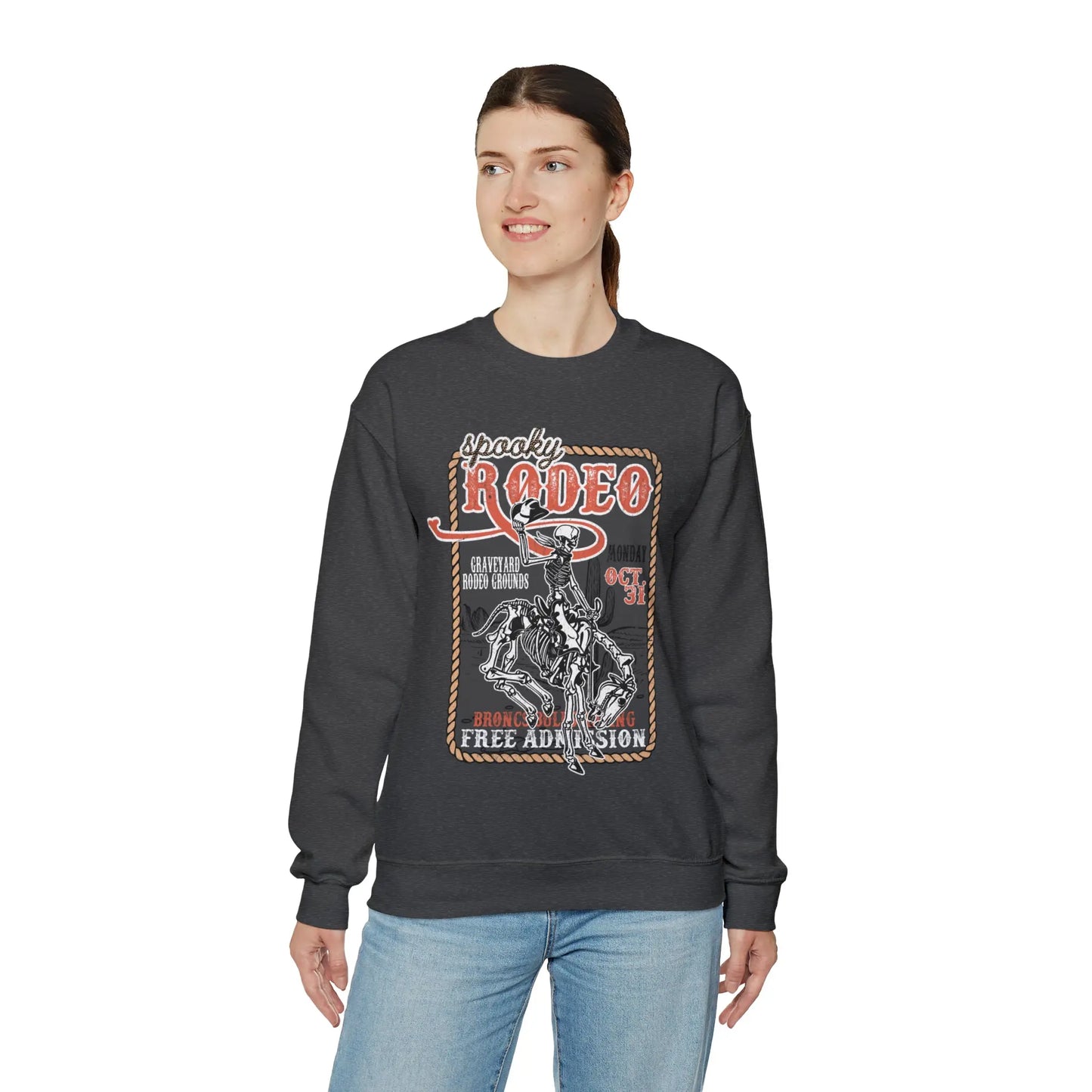 Vintage Halloween Rodeo Skeleton Cowboy Poster Sweatshirt - Western Spooky Skeleton Printify