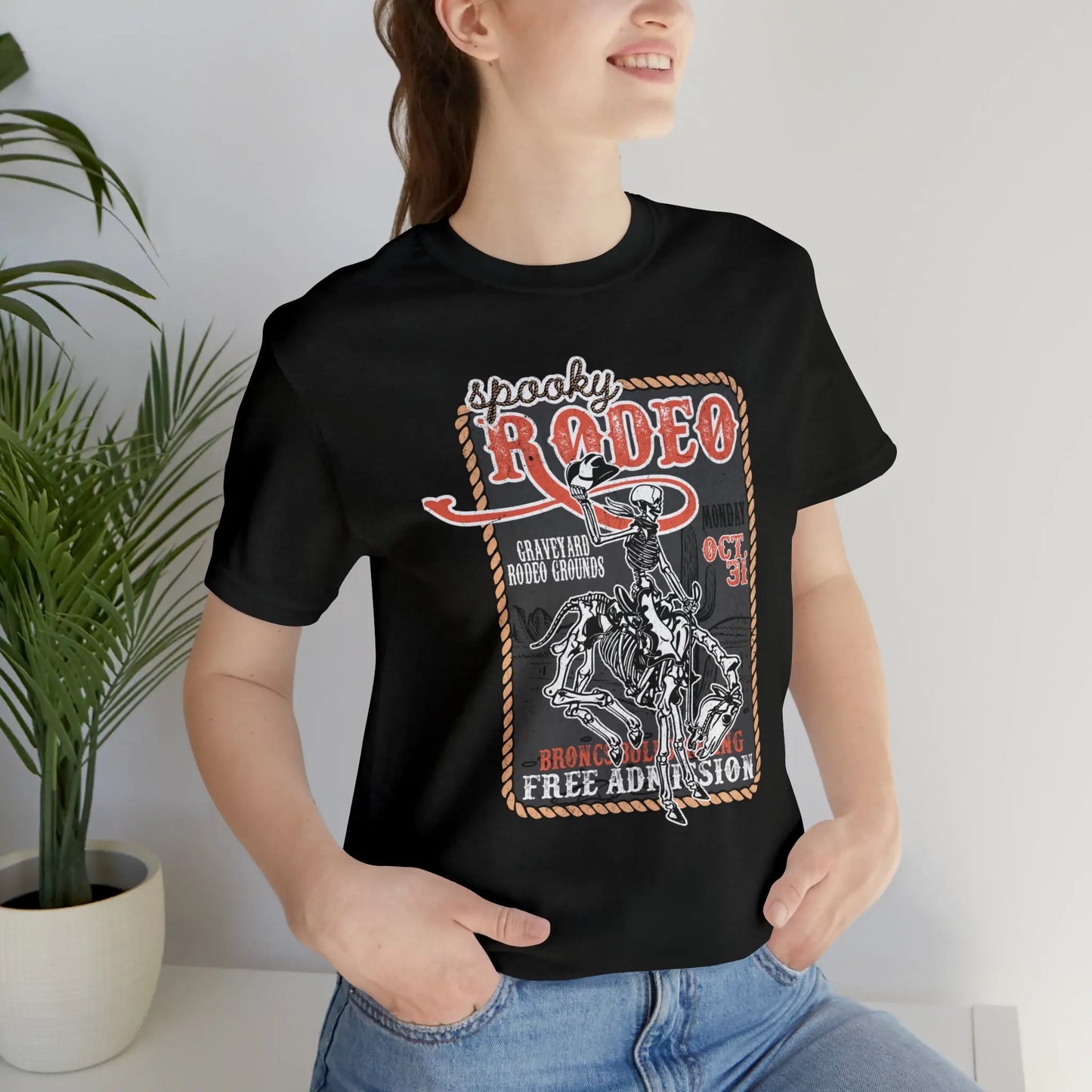Vintage Halloween Rodeo Poster T shirt Western Spooky Skeleton Short Sleeve Tee Printify