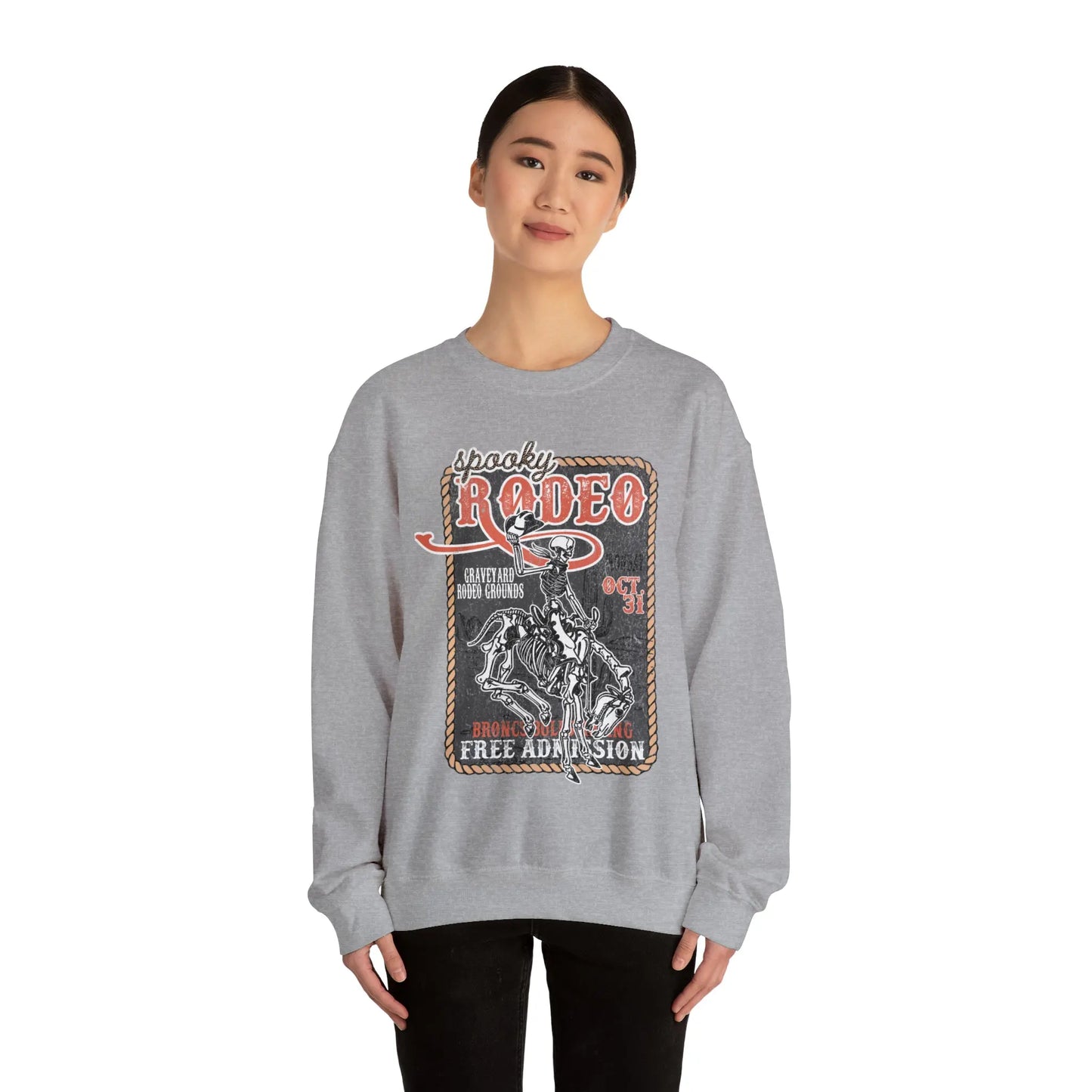 Vintage Halloween Rodeo Skeleton Cowboy Poster Sweatshirt - Western Spooky Skeleton Printify