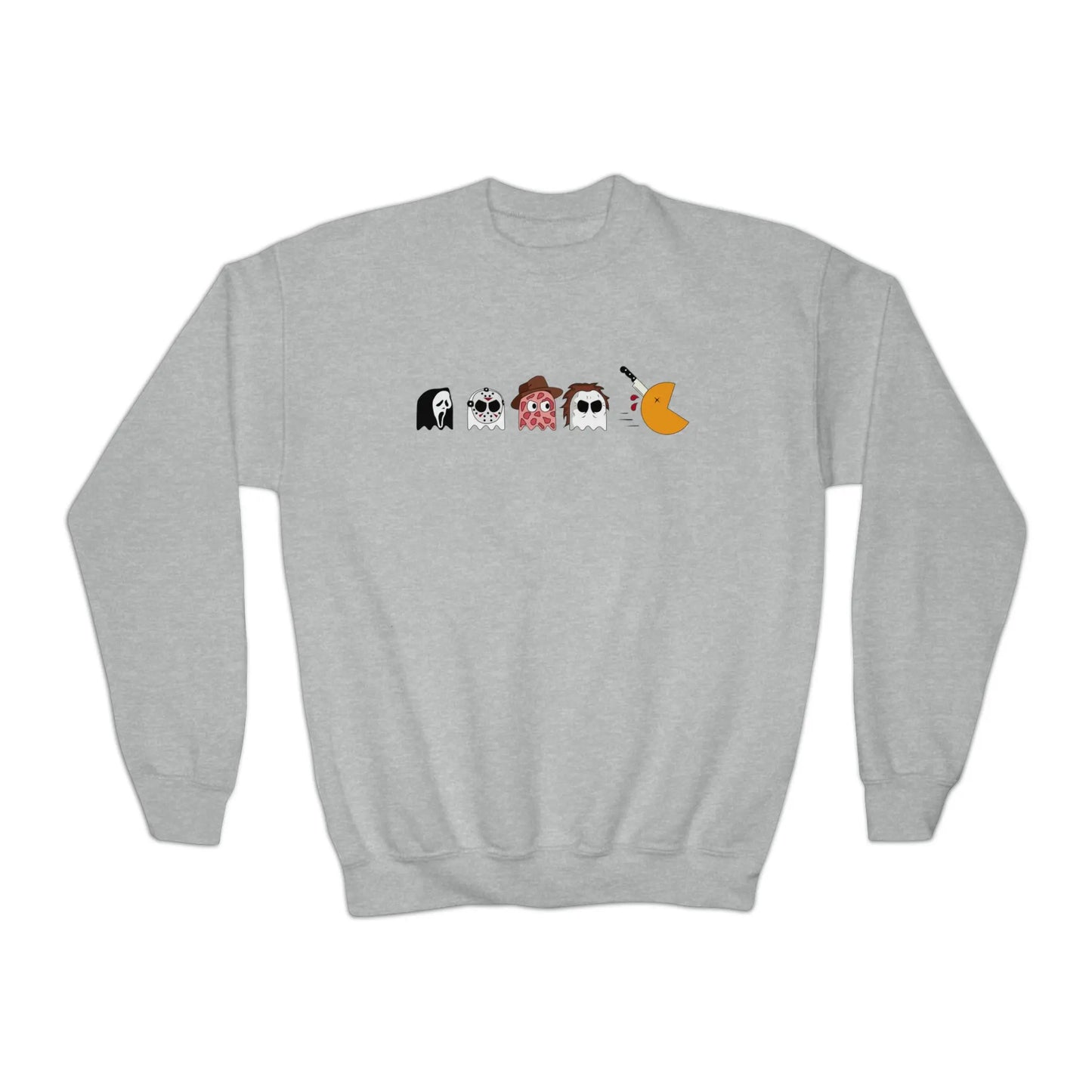 Pac-Man Meets Halloween Horror - Spooky Kids Halloween Sweatshirt with Scream, Jason, Freddy, and Michael Printify