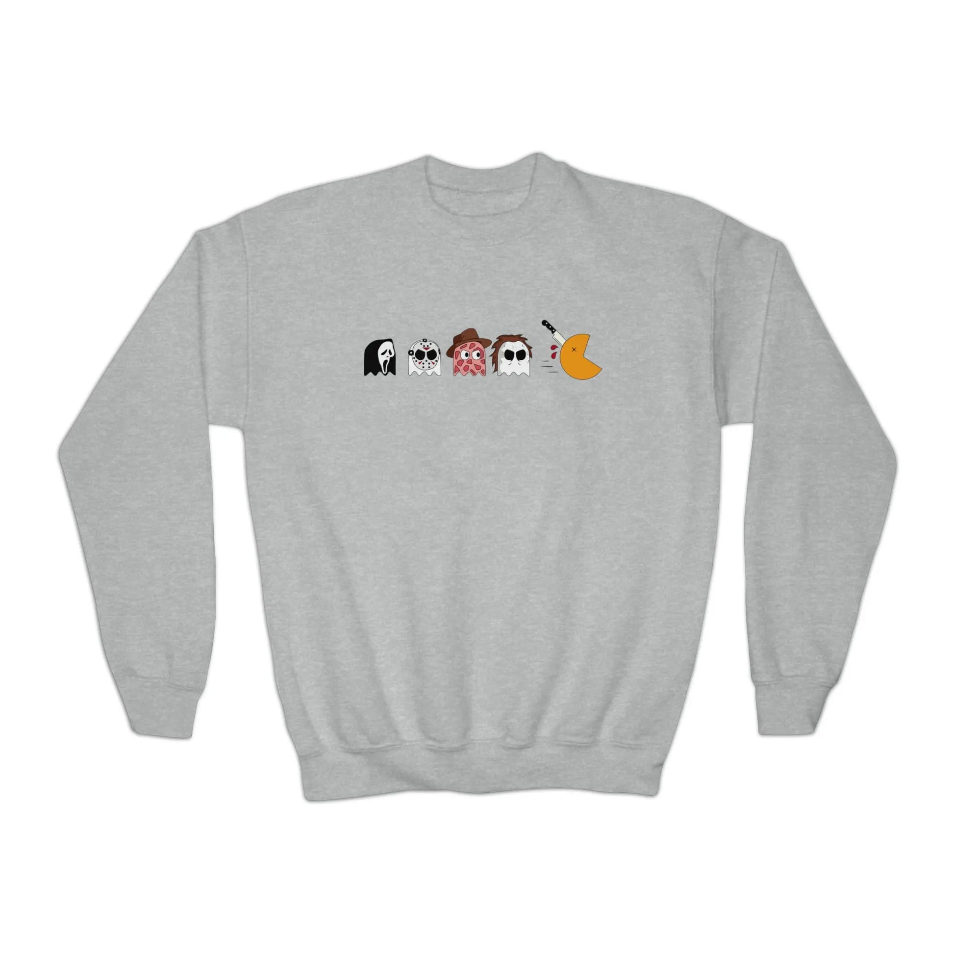 Pac-Man Meets Halloween Horror - Spooky Kids Halloween Sweatshirt with Scream, Jason, Freddy, and Michael Printify