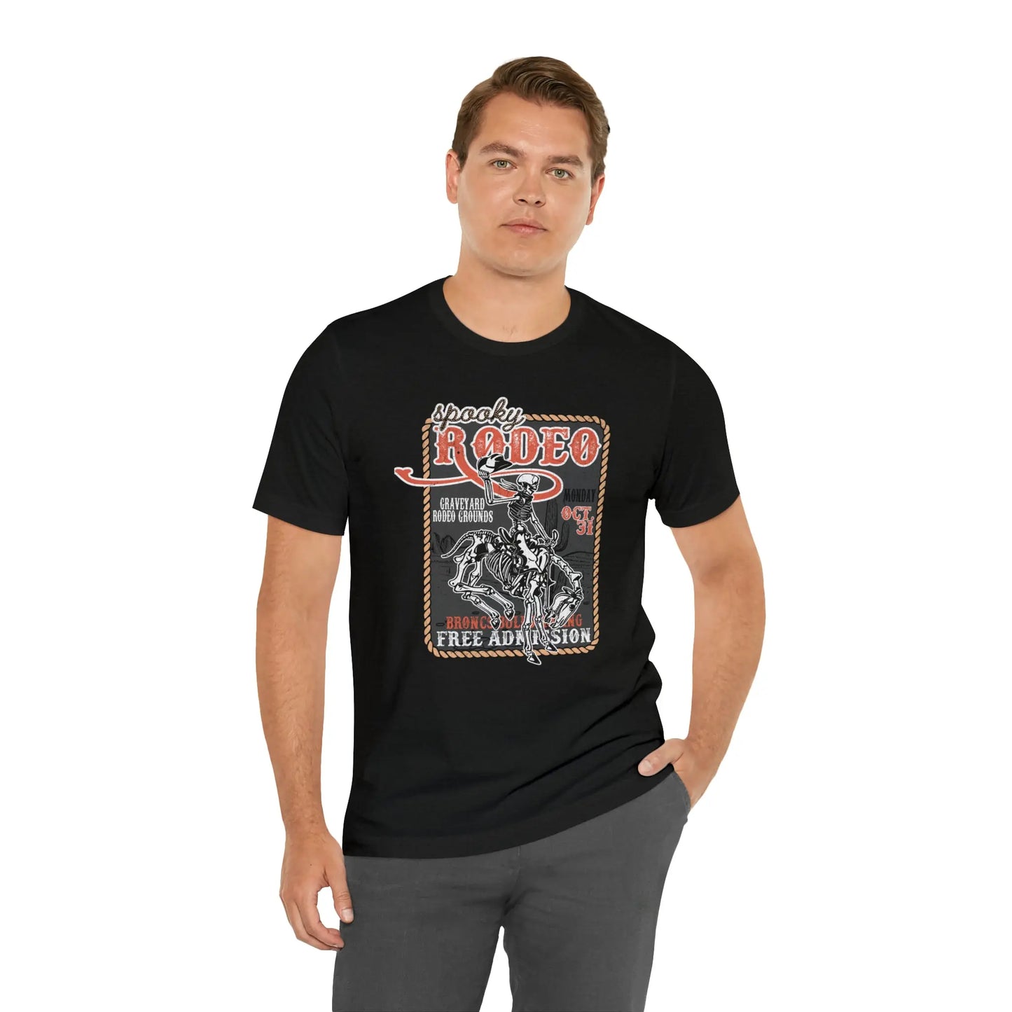 Vintage Halloween Rodeo Poster T shirt Western Spooky Skeleton Short Sleeve Tee Printify