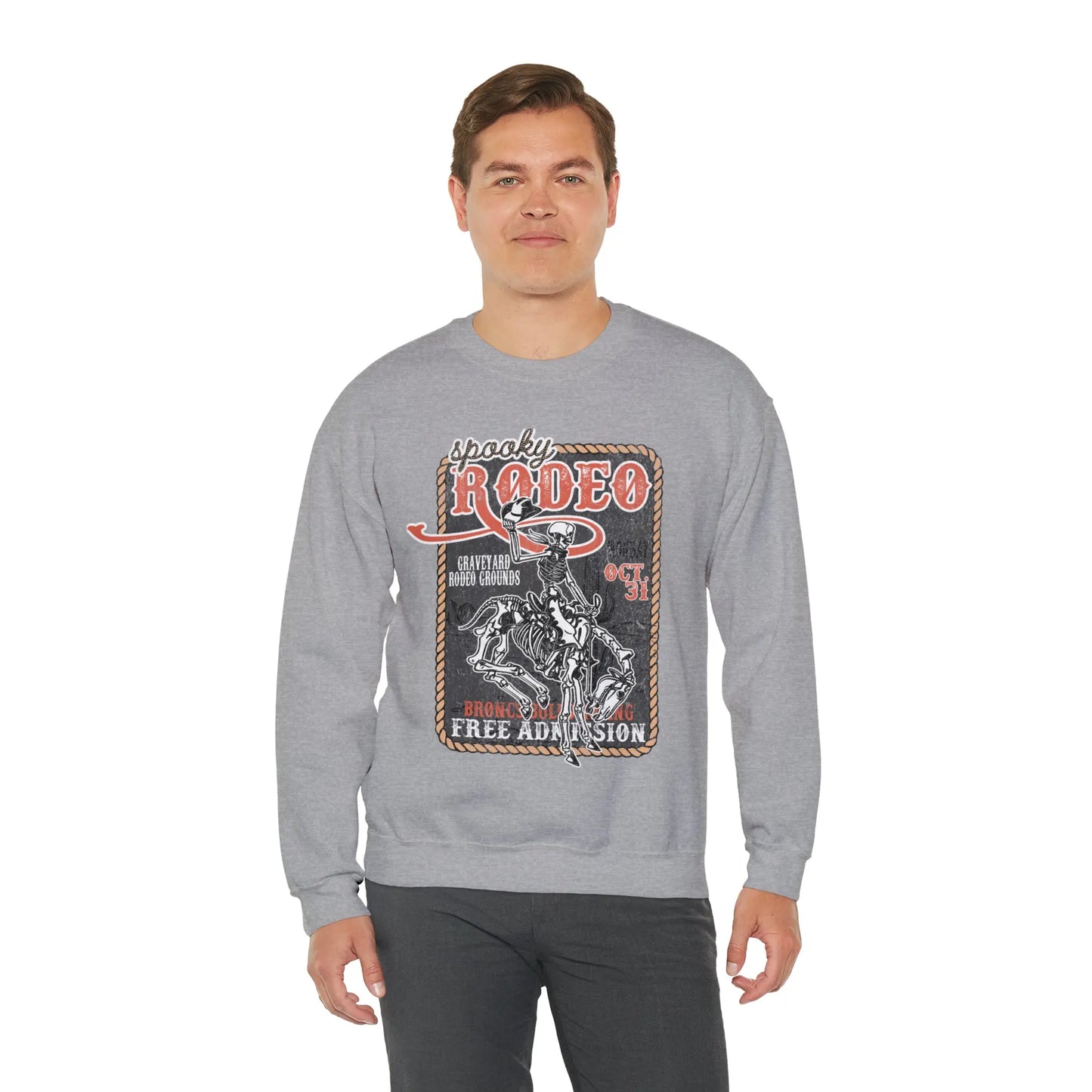 Vintage Halloween Rodeo Skeleton Cowboy Poster Sweatshirt - Western Spooky Skeleton Printify