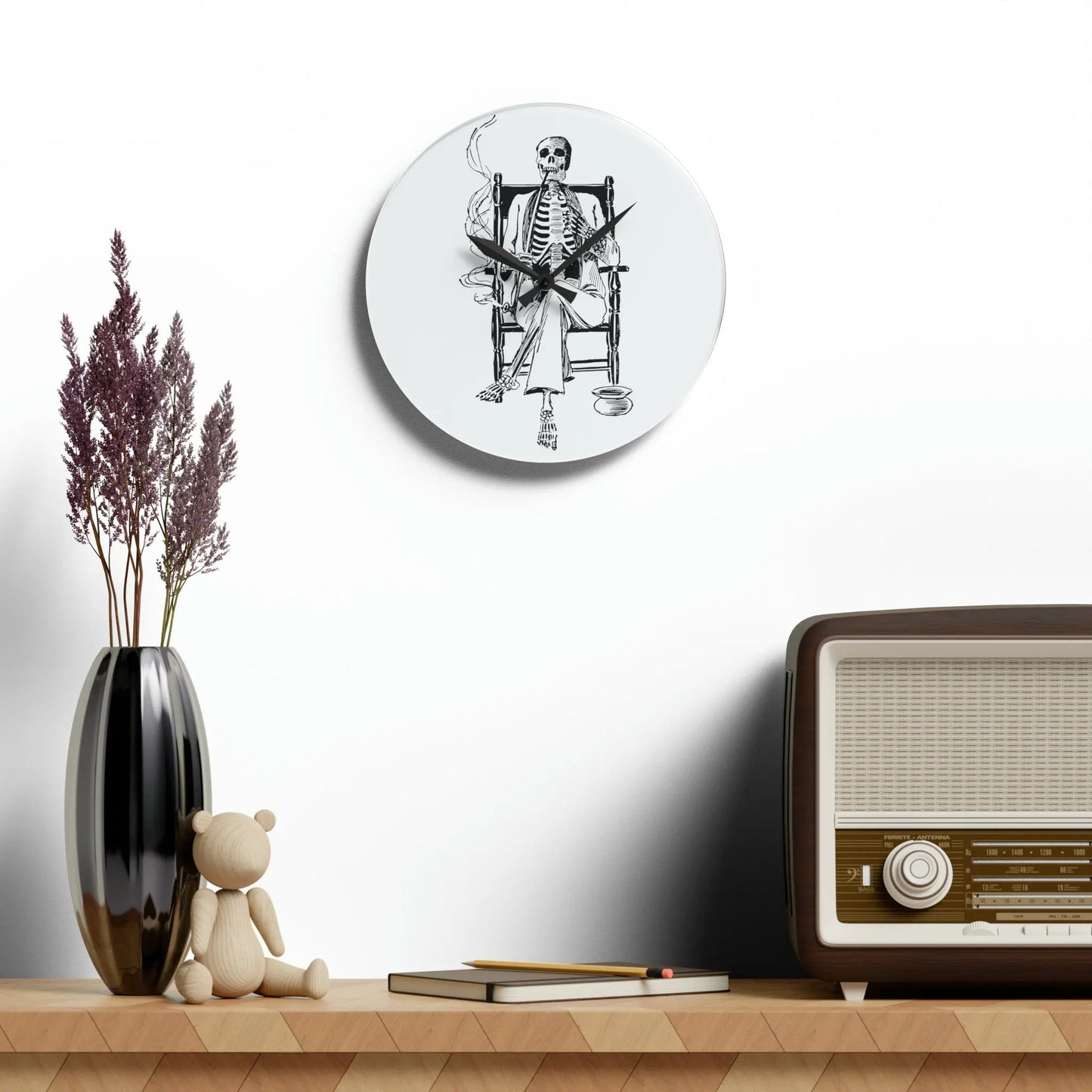 Smoking Skeleton in a Rocking Chair Wall Clock - papercraneco