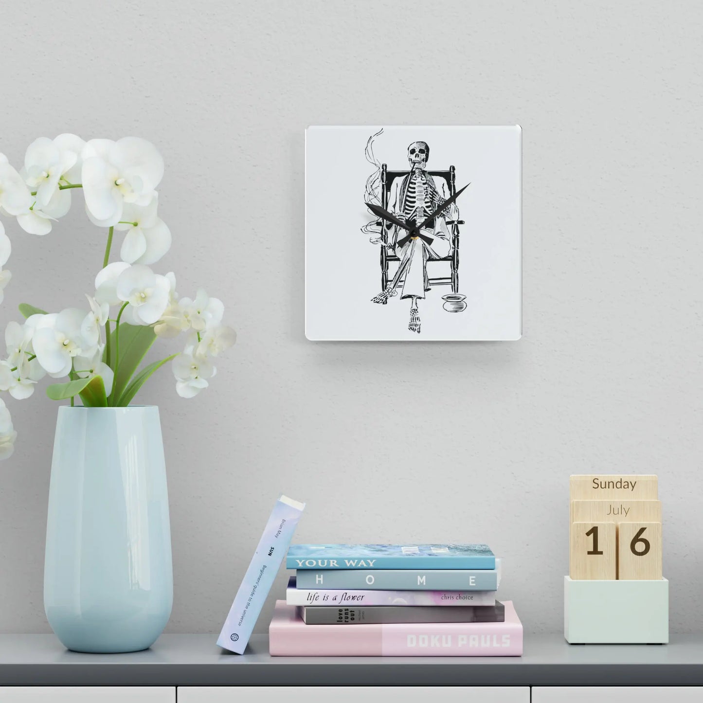 Smoking Skeleton in a Rocking Chair Wall Clock - papercraneco
