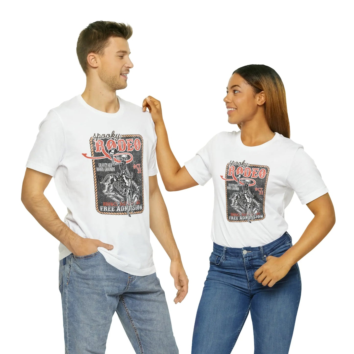 Vintage Halloween Rodeo Poster T shirt Western Spooky Skeleton Short Sleeve Tee Printify