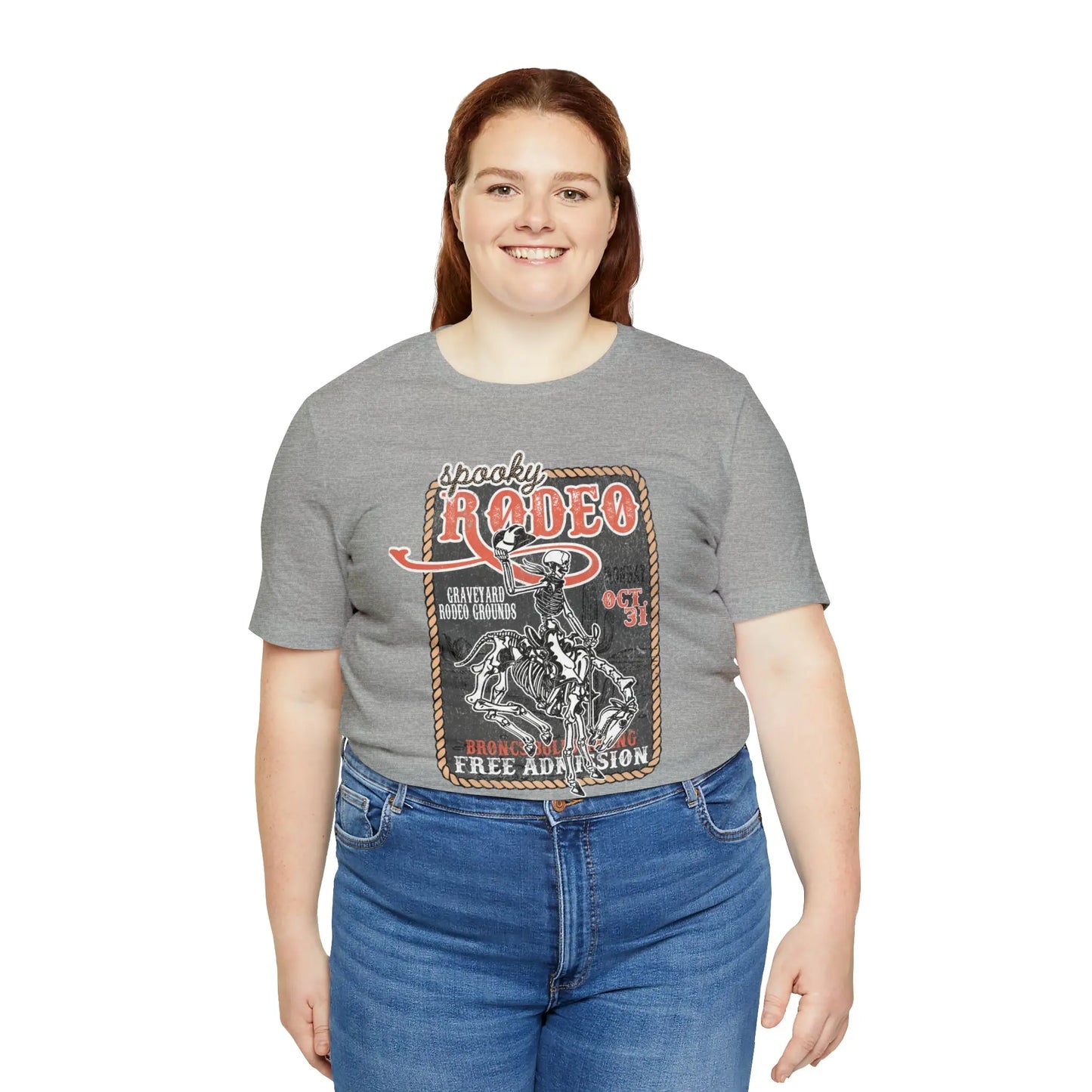 Vintage Halloween Rodeo Poster T shirt Western Spooky Skeleton Short Sleeve Tee Printify