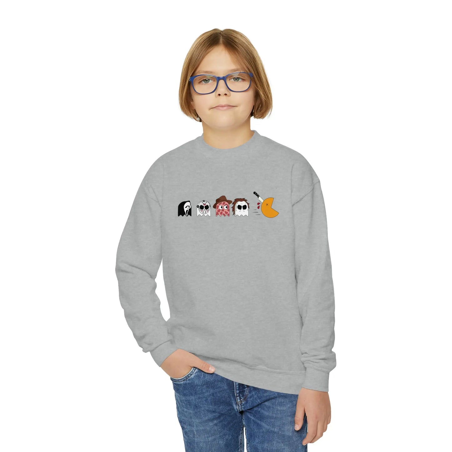 Pac-Man Meets Halloween Horror - Spooky Kids Halloween Sweatshirt with Scream, Jason, Freddy, and Michael Printify