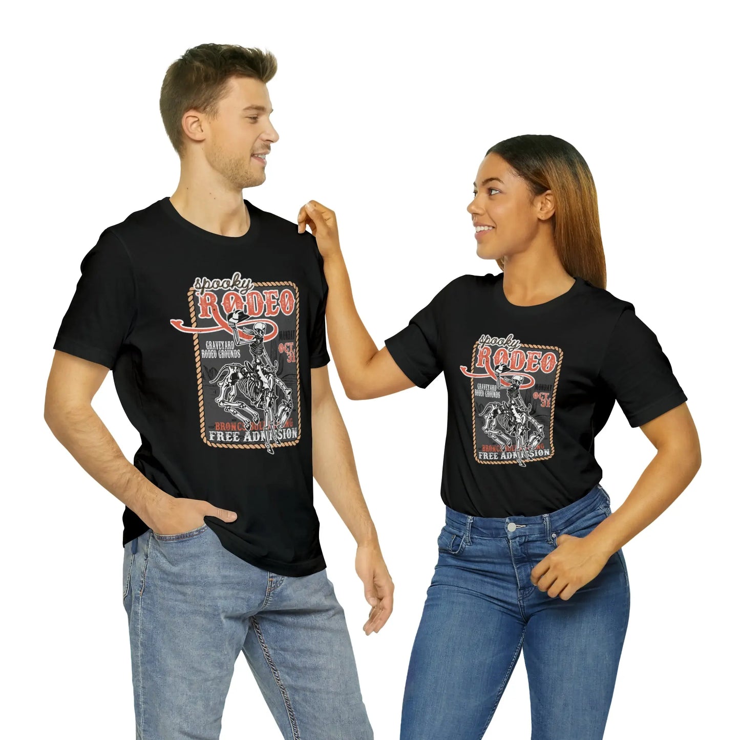 Vintage Halloween Rodeo Poster T shirt Western Spooky Skeleton Short Sleeve Tee Printify