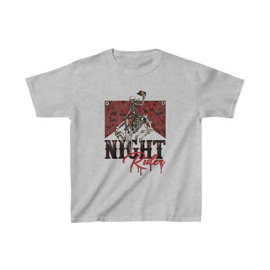 Kids Vintage Halloween Night Rider T-Shirt - Spooky Skeleton Cowboy Printify