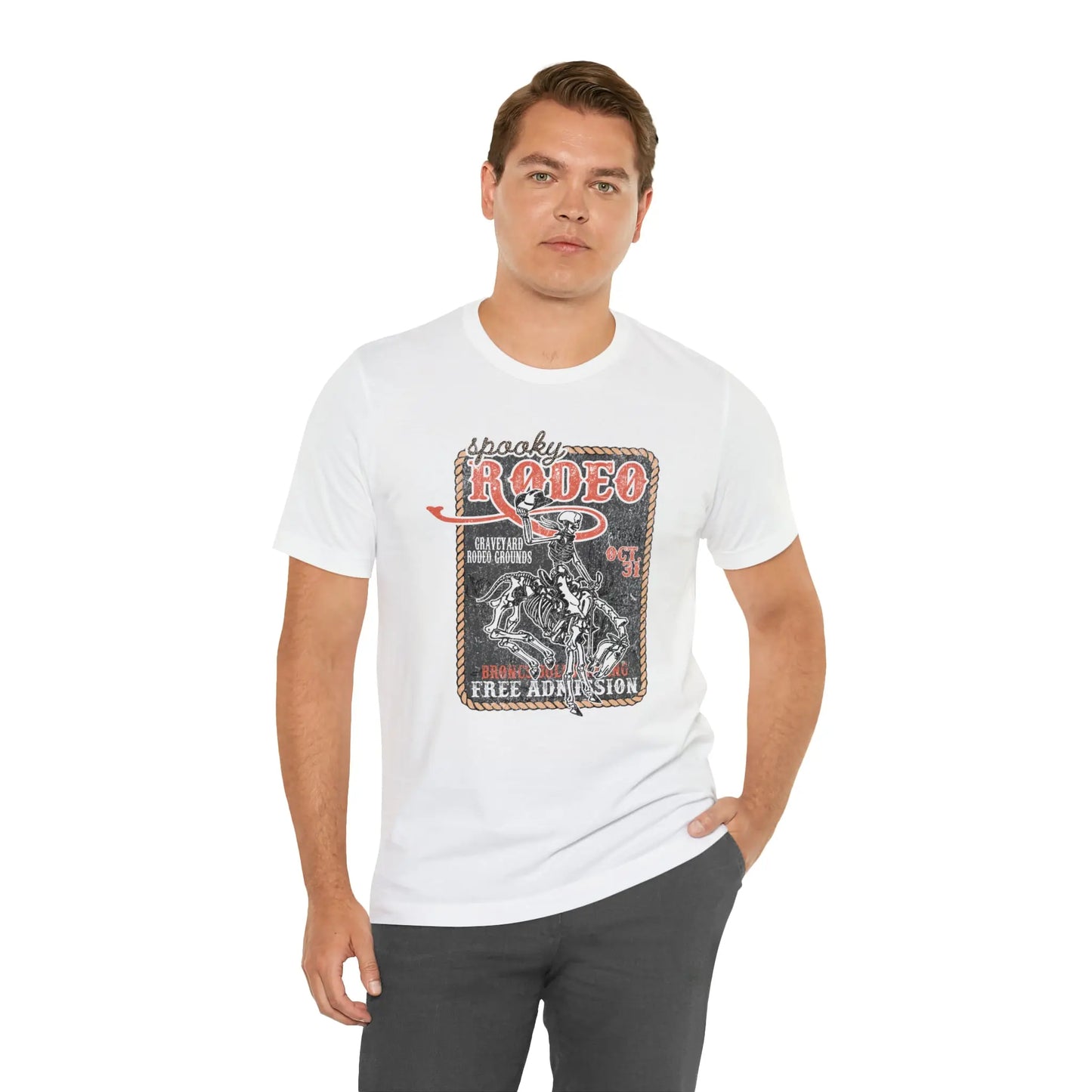 Vintage Halloween Rodeo Poster T shirt Western Spooky Skeleton Short Sleeve Tee Printify