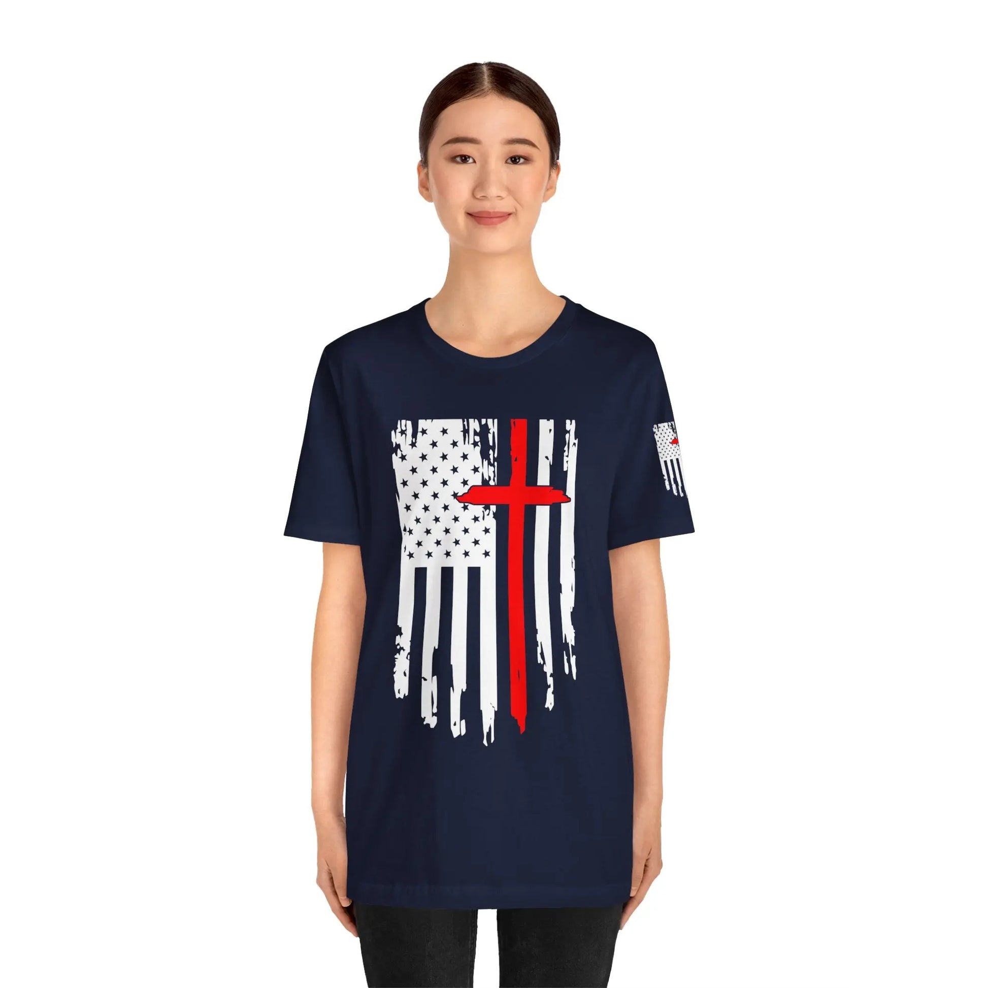 American Flag Cross Distressed USA Christian Cross Patriotic Flag with Cross Faith American Pride Mothers Day Fathers Day Military Veterans Fourth of July T shirt