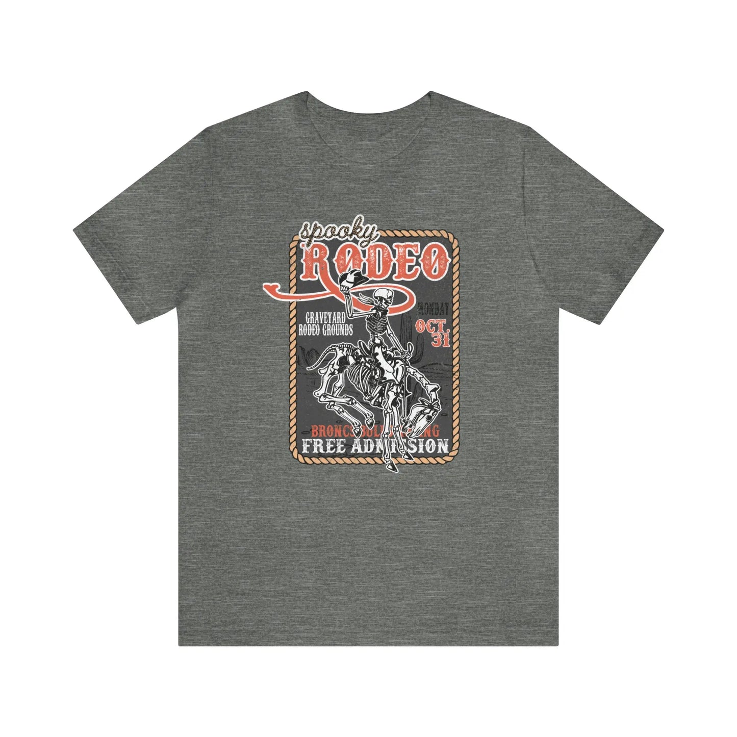 Vintage Halloween Rodeo Poster T shirt Western Spooky Skeleton Short Sleeve Tee Printify